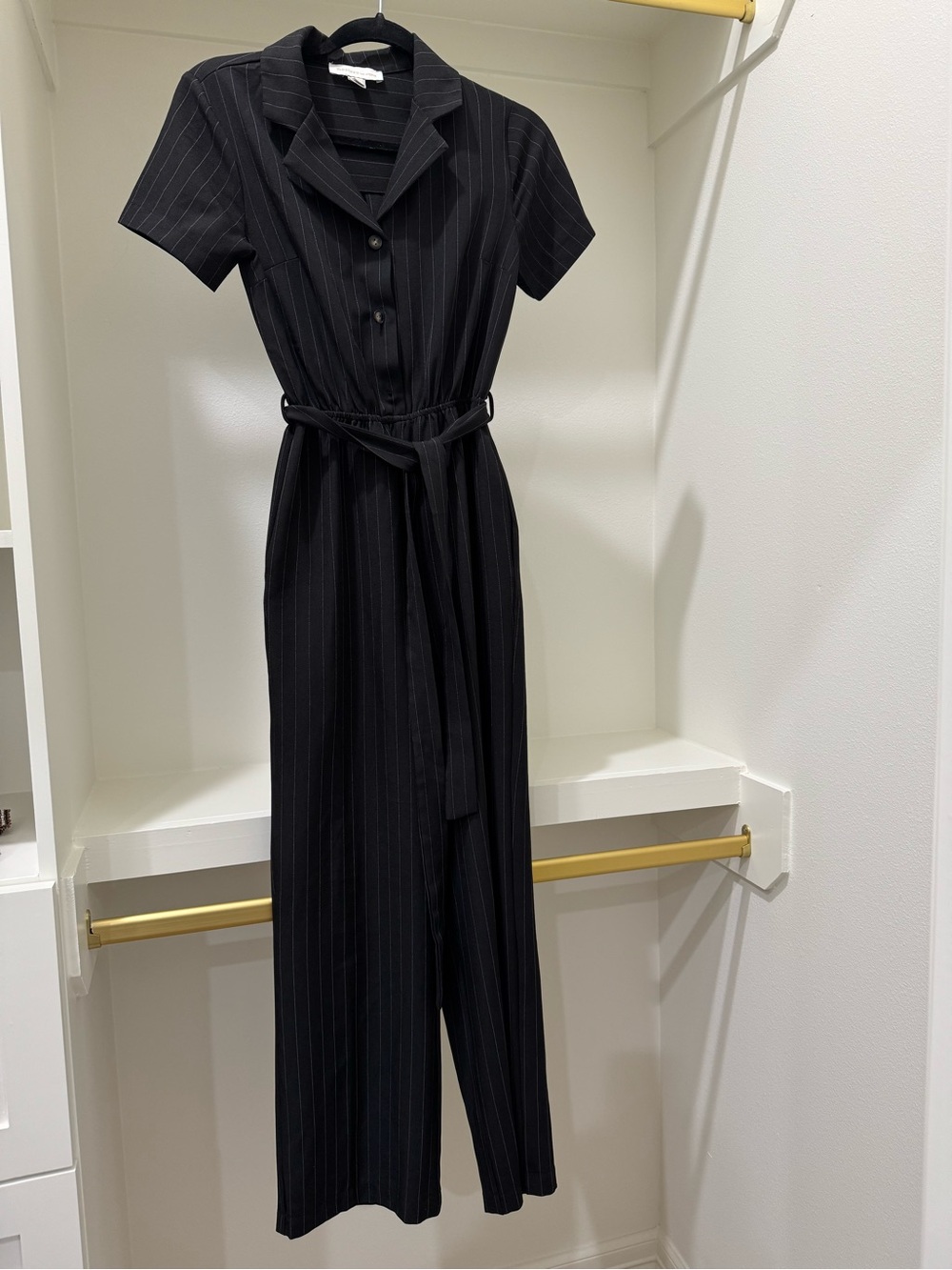 Monteau Black Pinstripe Short-Sleeve Jumpsuit with Tie Waist